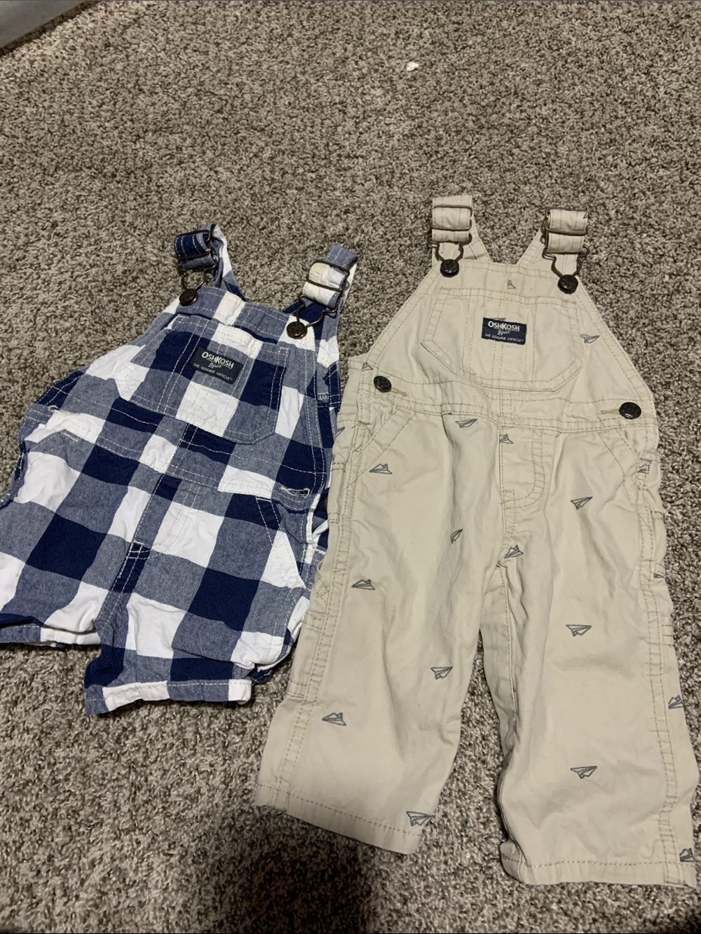 OshKosh B'gosh Beige Overall with Navy Plaid Short Overalls Set
